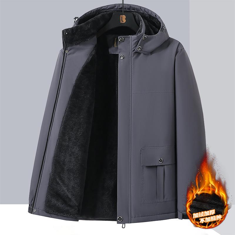 Men Hooded Fleece Lined Thick Jacket Solid Color Casual Outdoor Winter Coat