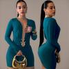 ZY European and American Independent Station Sexy Deep V Tight Skirt Metal Accessories Long Sleeve Hip Wrap Spice Girls Banquet Dress