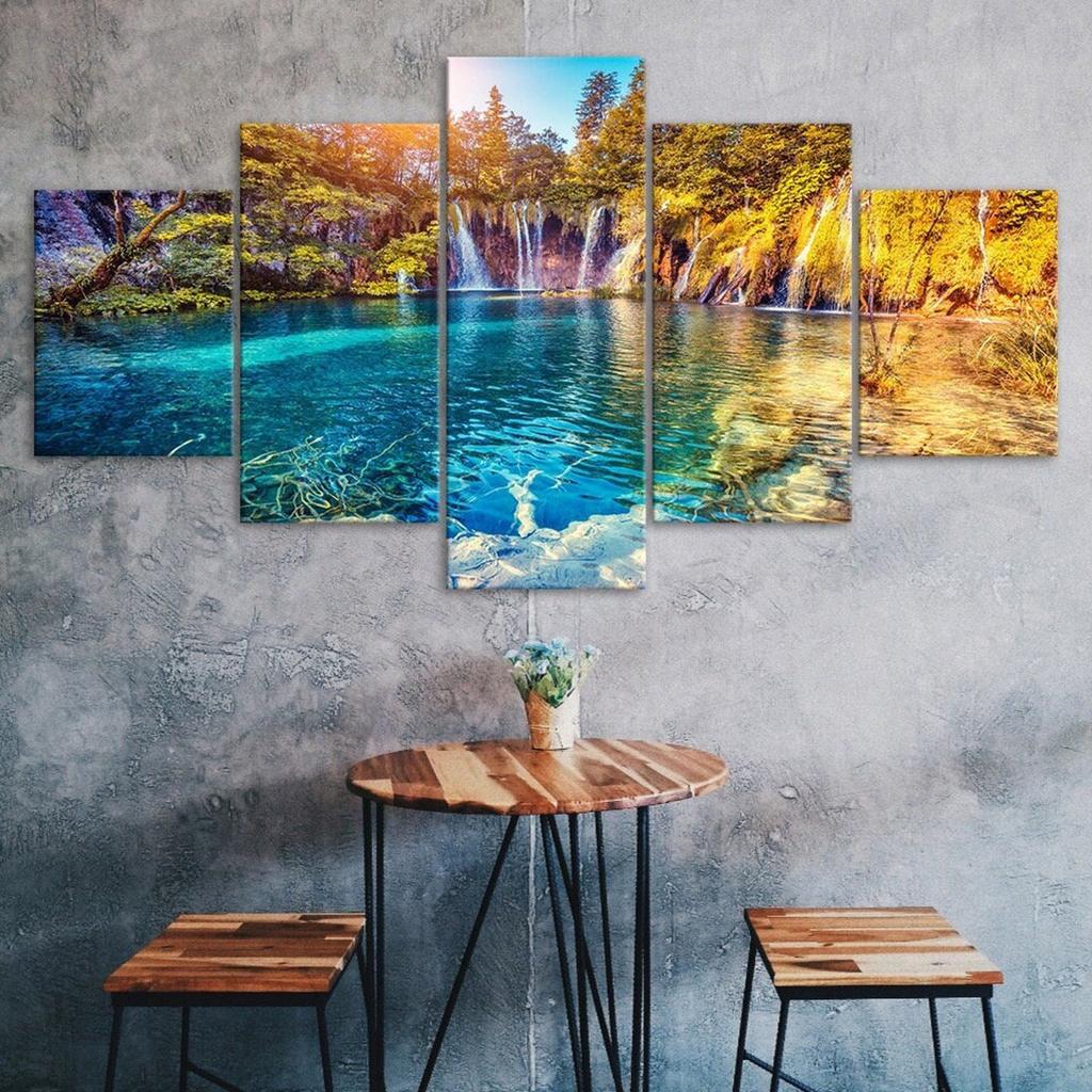 Waterfall Sunny Day 5 Piece Canvas Wall Art Multi Panel Print Modern Nature Poster Home Decor Picture Gift For Him For Her