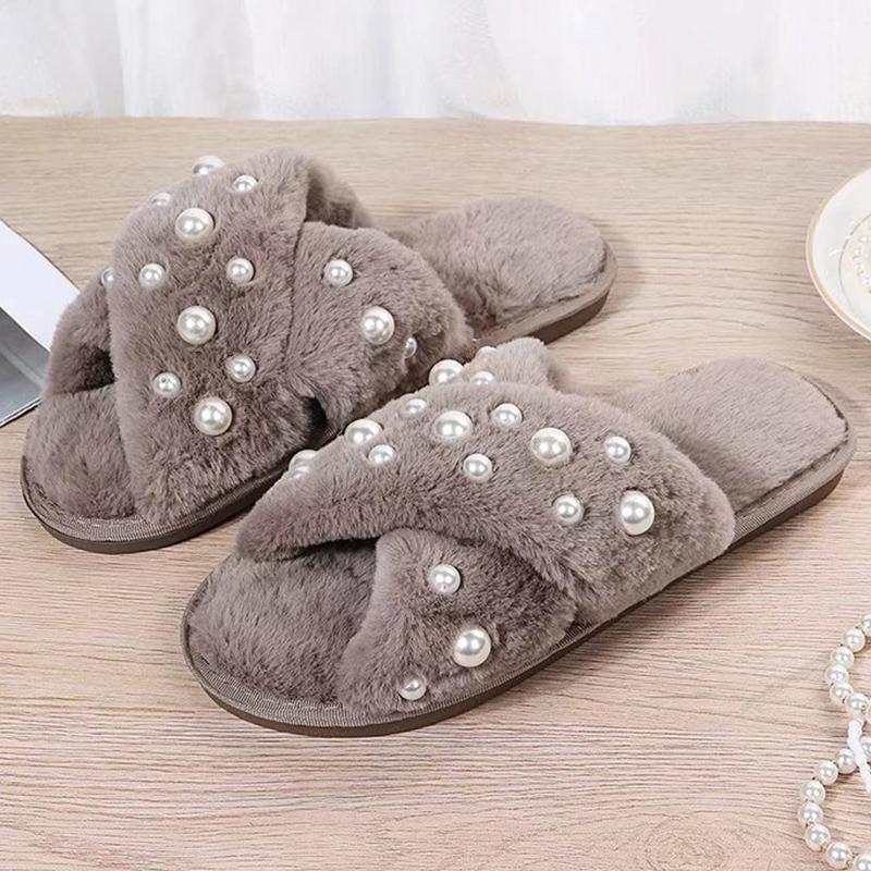 Fashion Pearls Detor Plush Slippers for Women Fashion Cross Strap House Furry Slippers Woman Slip On Faux Fur Cotton Slides Mujer