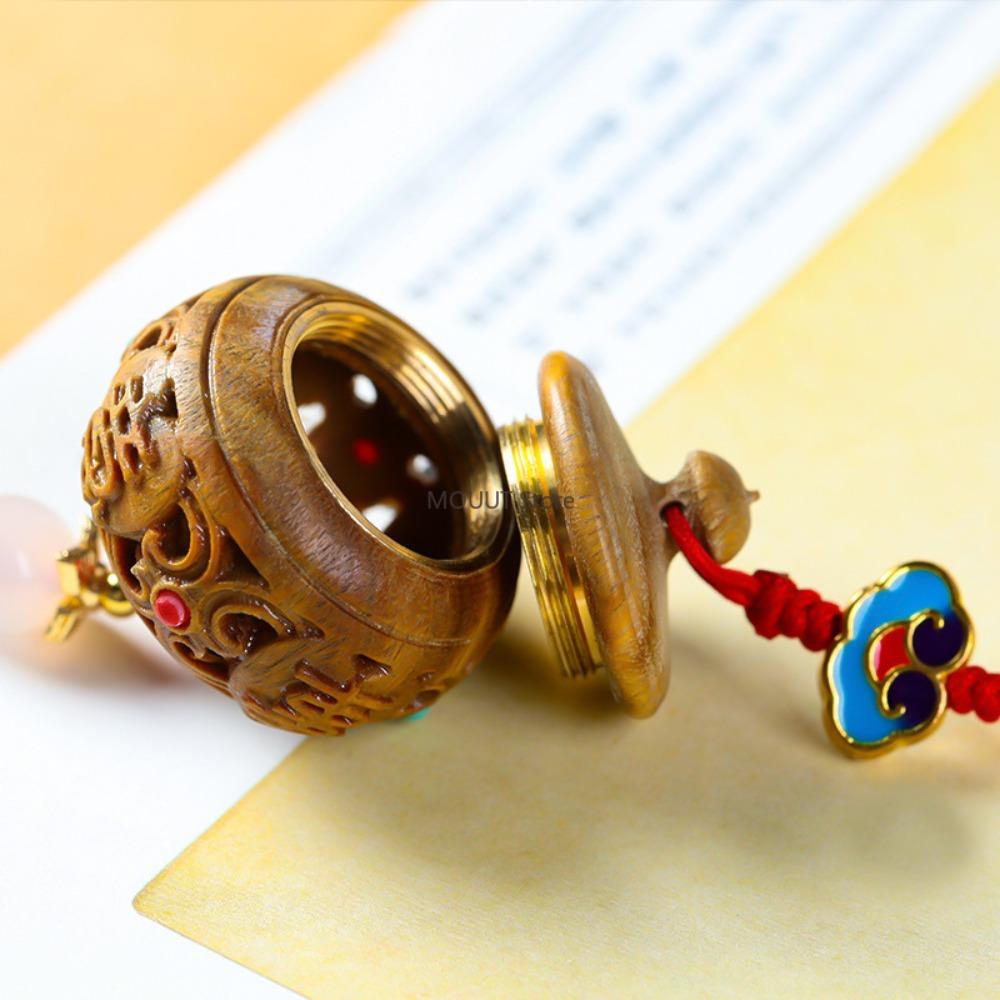 Green Ebony Wood Hollow Out Engraved Miniatures Incense Bag Portable Perfume Pendant Mobile Phone Decorative Wooden Accessorie
