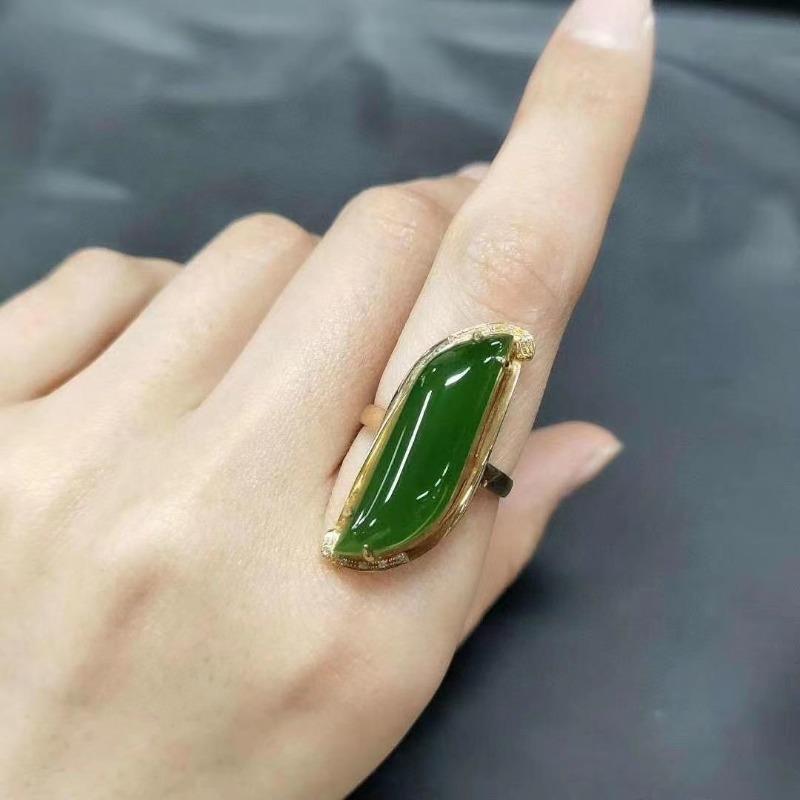Fashion Natural An Jade Ring Classic Glossy  Inlaid Vintage Willow Leaf Green Rings For Women Fien Jewelry Adjustable