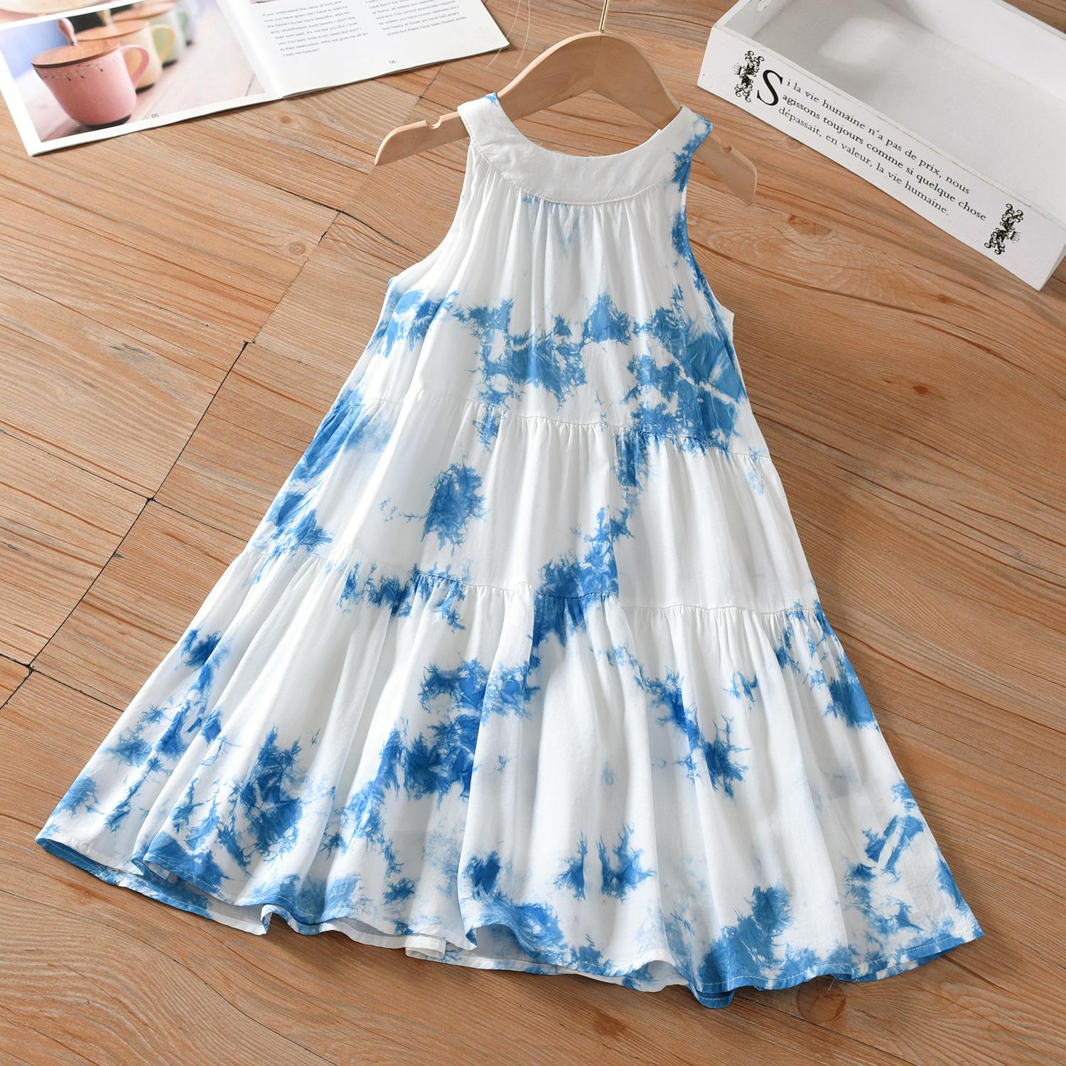 Girls Summer Plant Dyed Halter Tea Dress Kids Vintage Tie Dye Vacation Sleeveless Sundress Children Clothing 90cm