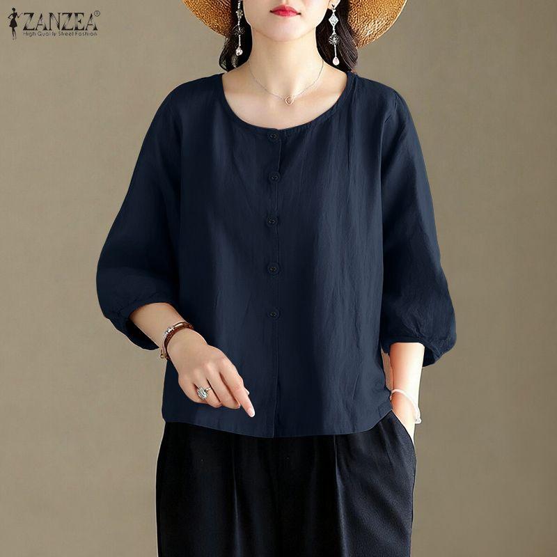ZANZEA Women Casual Round Neck Solid Color Loose 3/4 Sleeve Blouse