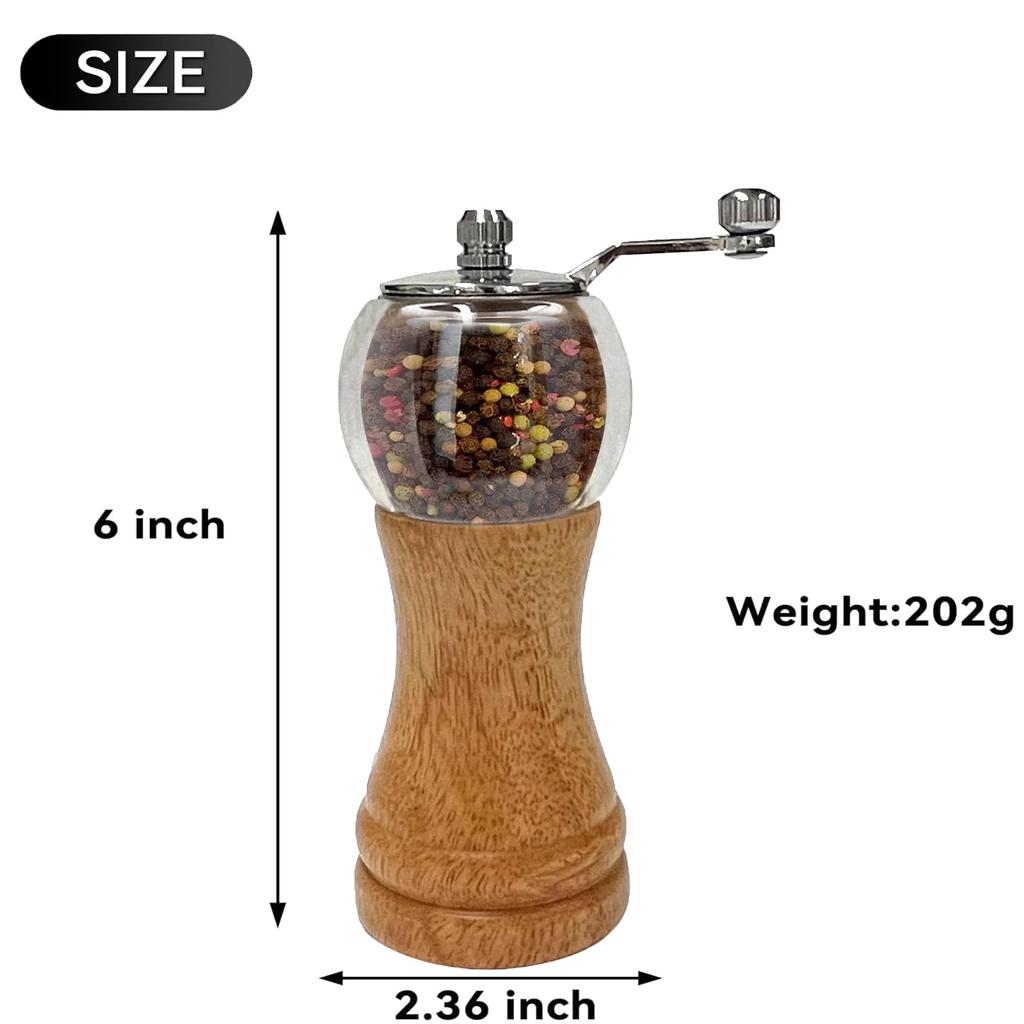 Wood Salt Pepper Salt Grinder Pepper Grinder with Manual Seasoning Grinder Refillable Grinder, & Set, Handle, (6inch-2Pcs)