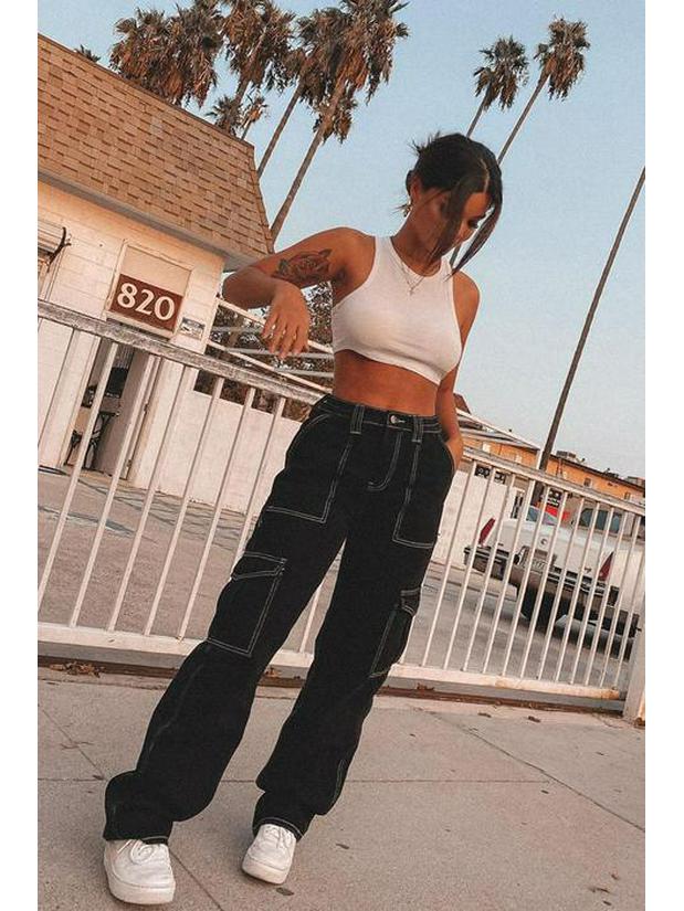 Damskie Jeansy Cargo z Wysokim Stanem, Elastyczne, Wielokieszeniowe, Szerokie Nogawki