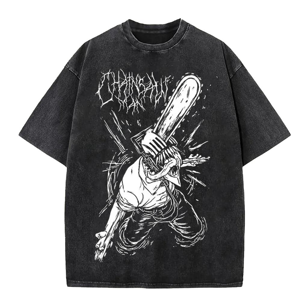 Chainsaw Man Anime Graphic T-Shirt Retro Washed Black Cotton Short Sleeve Men Casual Printed Top Manga Fashion