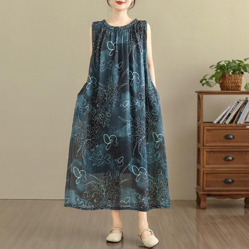 

Новое хлопковое винтажное платье без рукавов больших размеров с цветочным принтом для женщин, повседневное свободное длинное летнее платье