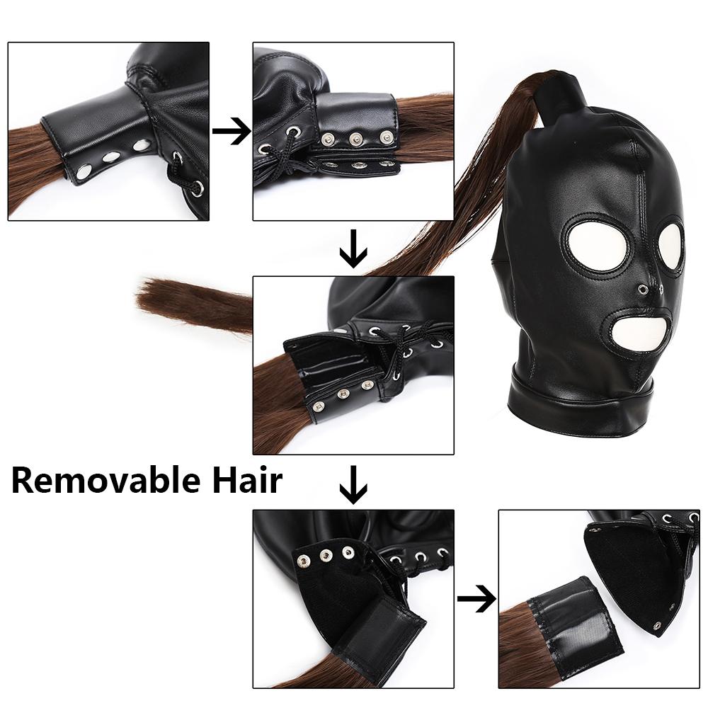TleMeny Latex Unisex Hood Mask Sexy PU Leather Masks Men Women Cosplay Flirting Hair Ponytail Chest Belt Headgear Sexy Cosplay