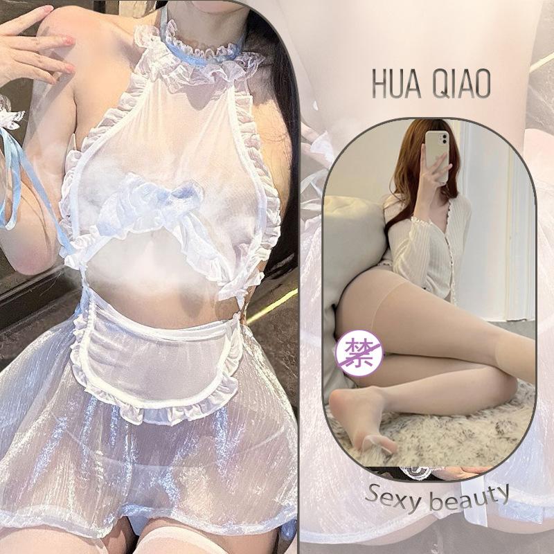 Sexy lingerie sexy maid lace back strap neck thin flash perspective gauze skirt uniform abstinence
