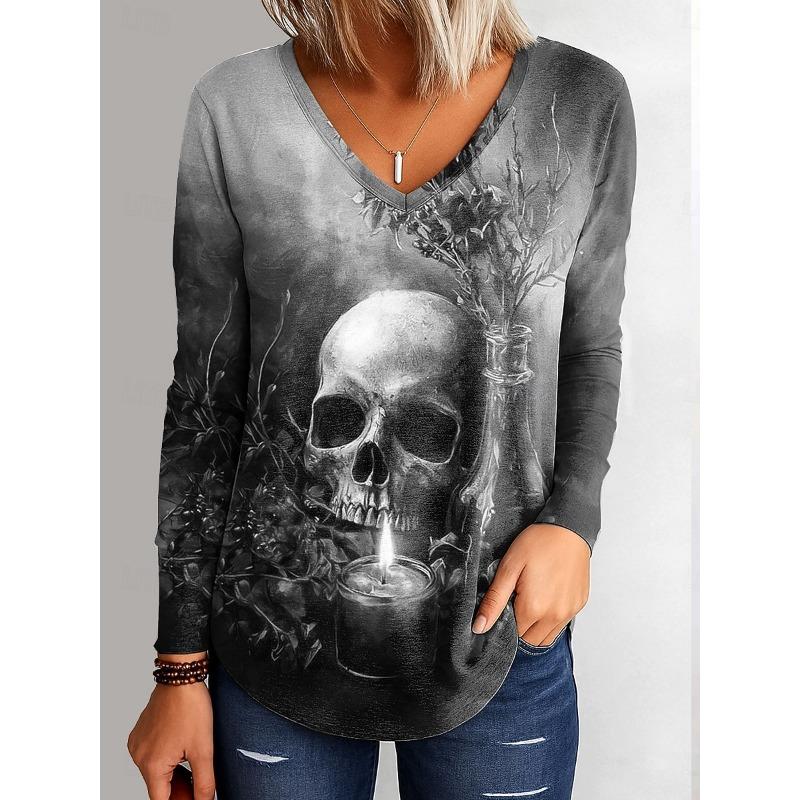 

Halloween Women s T-Shirts Graphic Skull Elegant Vintage Tee Long Sleeve T-shirts V-Neck Regular Tops Casual Pullover Fall XL