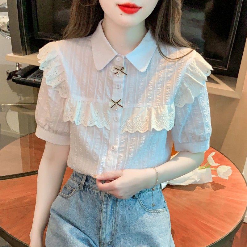 Dámská halenka z čisté bavlny s krajkou a krátkým rukávem - Módní výklenkový design