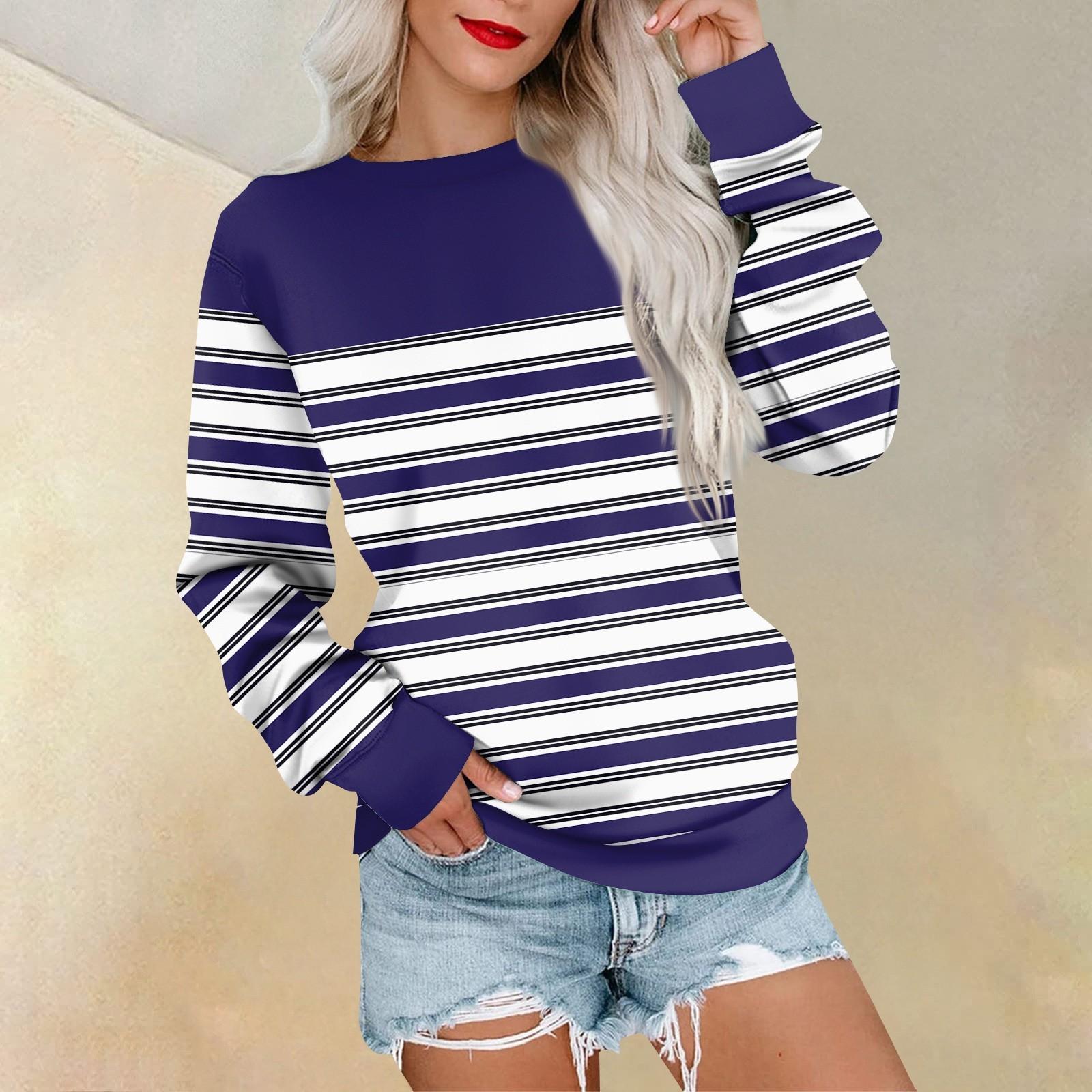 

Толстовка з довгим рукавом для жінок Трійники з принтом у смужку Блузки Повсякденні топи великих розмірів Пуловери M темно-синього кольору