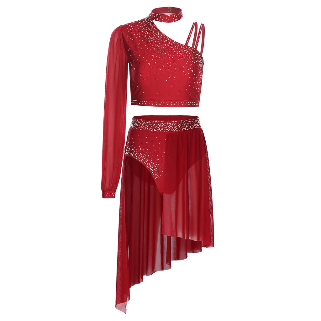 Dames Lyrische Dans Outfit Glanzend Strass Asymmetrische Crop Top Hoge Taille Slipje Korte Broek Chiffon Rok Kostuum