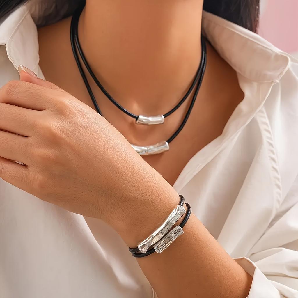 1 set of retro sexy jewelry set, black faux thread and metal tube, geometric spiral pendant.