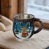 Creative Holiday Gifts Christmas Theme Mug with Stainless Steel Liner, 3D Relief Hand Home Ornaments Painted Resin Coffee Cup, Decorative Drinkware