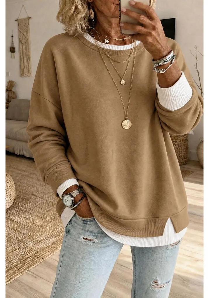 2026 Women's Stylish Slimming Ribbed Two-Piece Look Slit Round Neck Long Sleeve Casual Pullover Sweatshirt