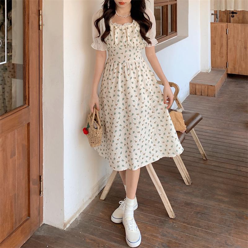 Bubble sleeve splicing floral dress summer new waist fungus edge square neck short sleeve medium and long dress women's clothing