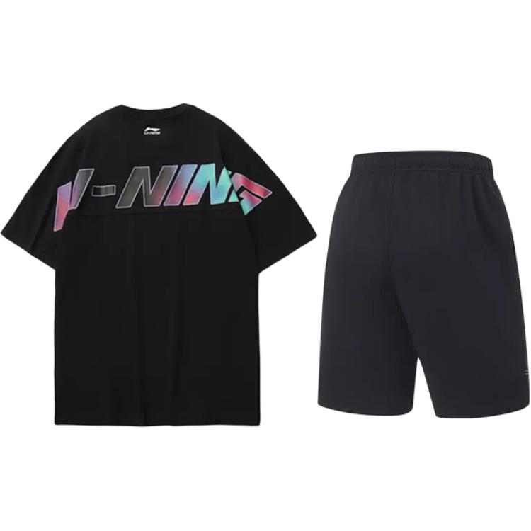 Li-Ning Dyed Letter Logo Print Fashion Trendy Versatile Round Neck Pullover Short Sleeve Mid Waist Tied Shorts Casual Sports Suit YHSU189-1+AKST543-3