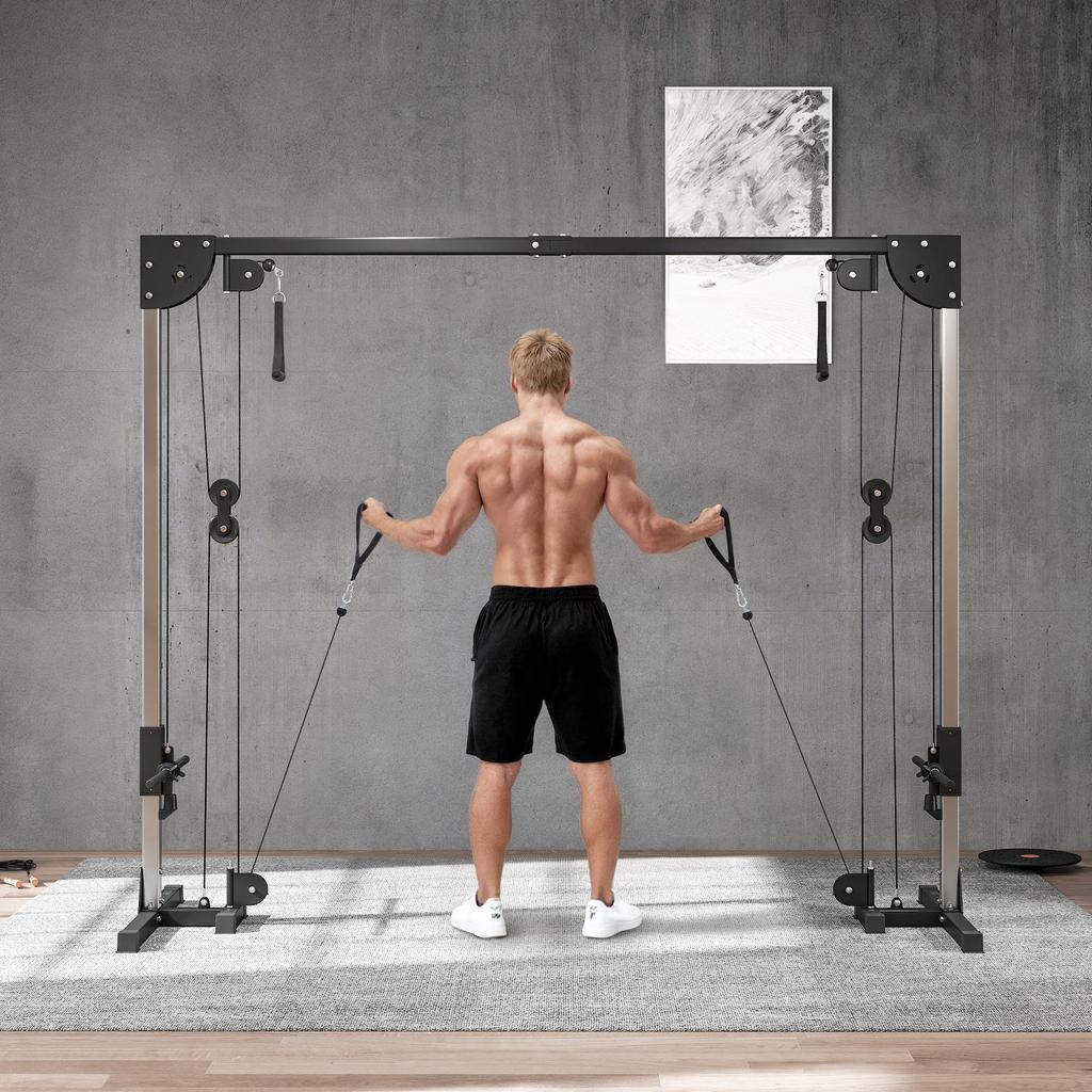 Academias Domésticas Multifuncionais com Sistema de Polia de Cabo, Máquina Crossover de Cabos com 4 Pegas para Treinamento de Força de Corpo Inteiro, Power Rack para Treino em Casa, Preto