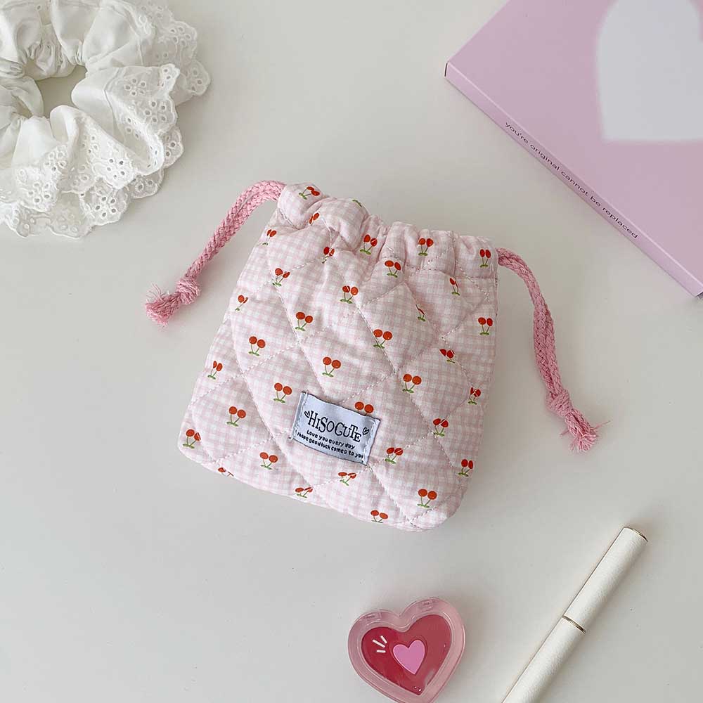 Cute Girl Cartoon Drawstring Makeup Bag Student Cherry Print Toiletry Pouch Travel Portable Cosmetic Storage Bag Make Up Pouch
