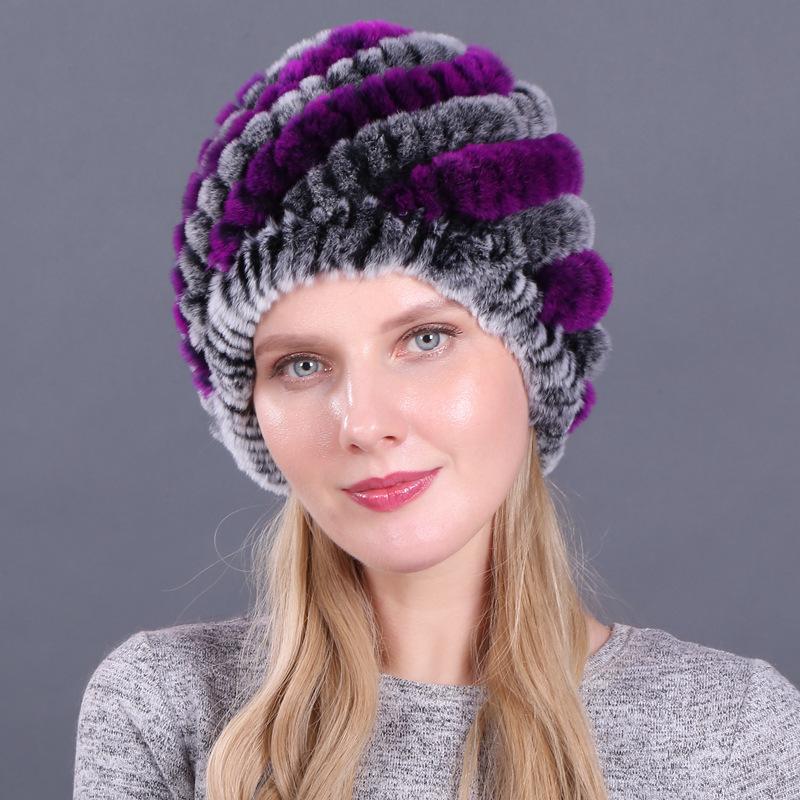 Damen Winter Pelzmütze Rex Kaninchenhaar gestrickte Spirale Ananas verdickte warme Mütze
