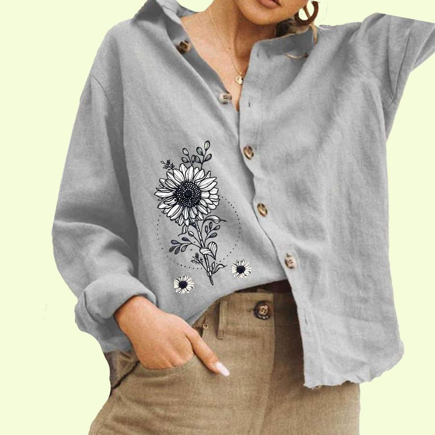 

Женская модная рубашка с длинными рукавами, блузка с цветочным принтом и пуговицами, повседневный топ из хлопка и льна 3XL серый