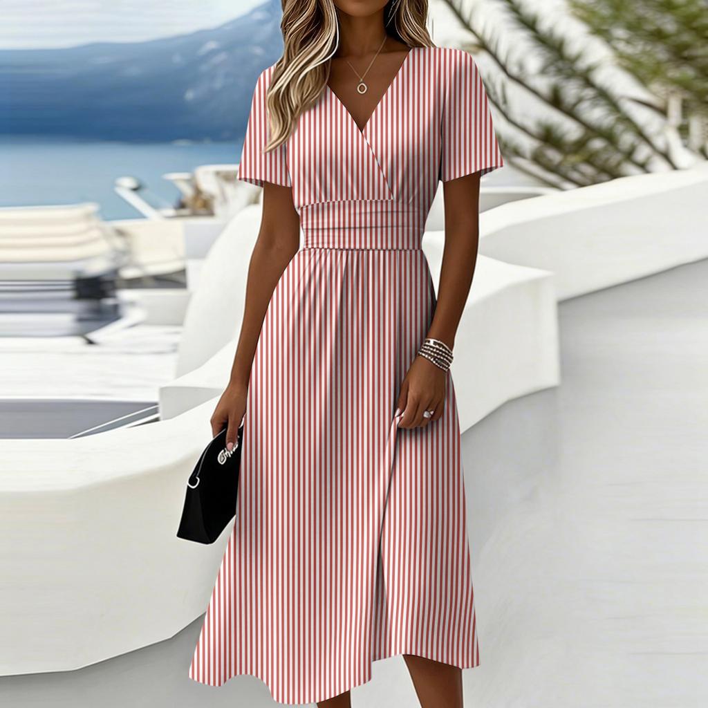 Damen-Gestreiftes Print-Kleid mit V-Ausschnitt und kurzen Ärmeln - Lässige Sommer-Modekleider für Damen
