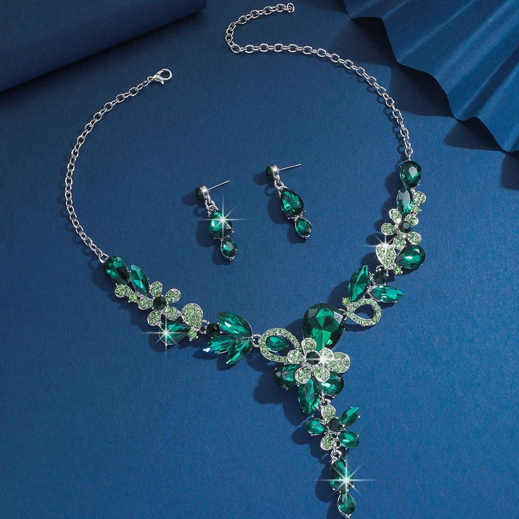 3PC Women's Fashion Trendy Flower Water Drop Necklace Earrings Zircon Set Wedding Banquet Party Holiday Gift