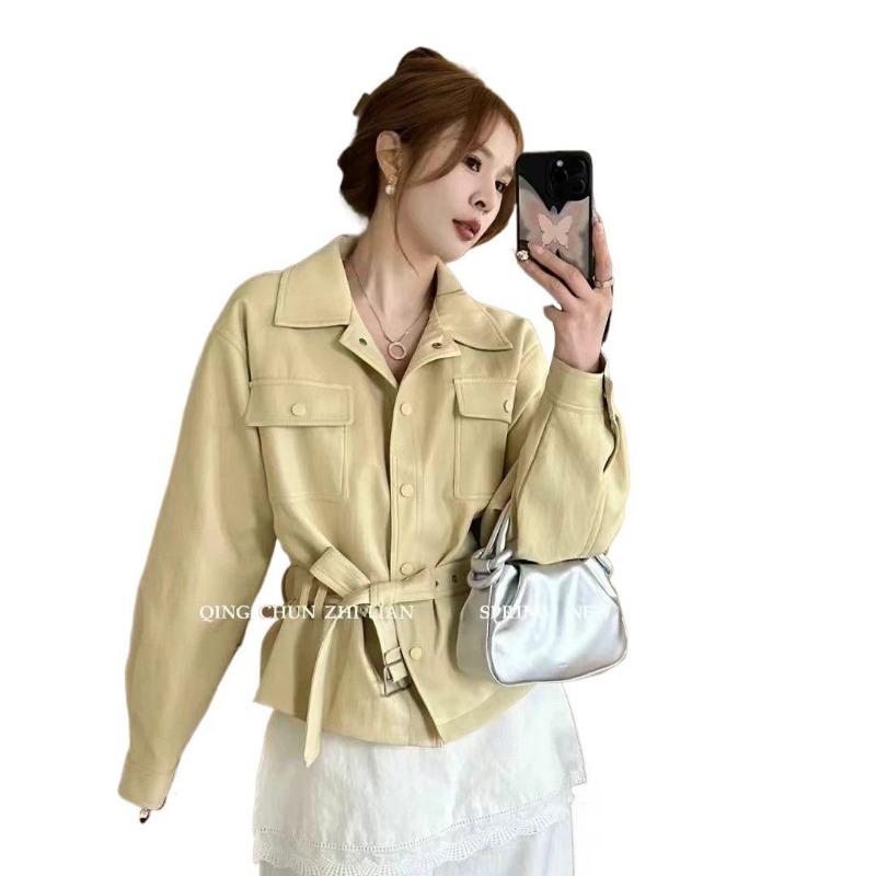 Lapel waist leather jacket women's short spring new small pu leather jacket top