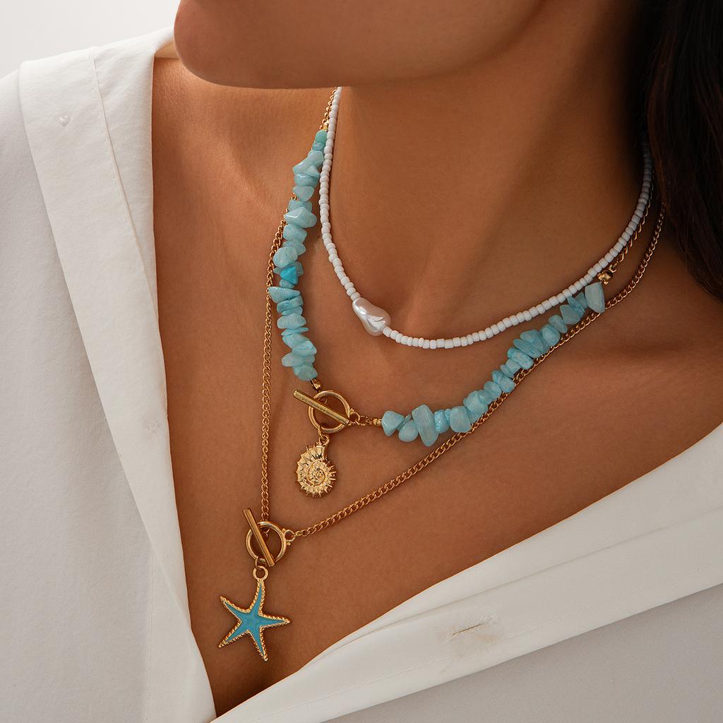 IngeSight.Z 3pcs/set Bohemian Conch Starfish Pendant Necklace for Women Trendy Rice Bead Link Chain Necklace Set Jewelry