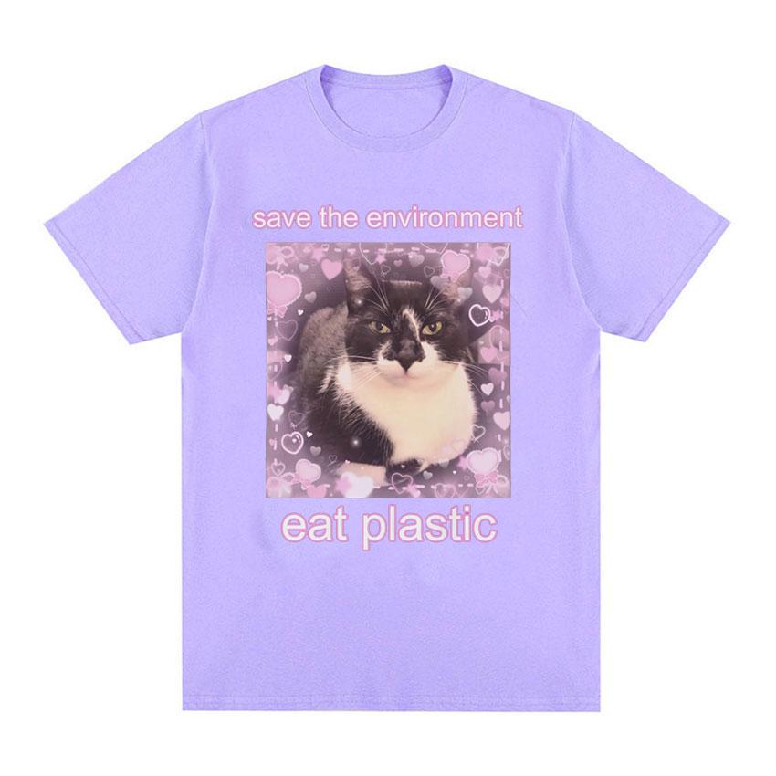 Save The EnvironUnisext Eat Plastic Cute Cat Graphic T Shirt Funny Unisex Women O-Neck Clothing T-shirts 100% Cotton Oversized T-shirt