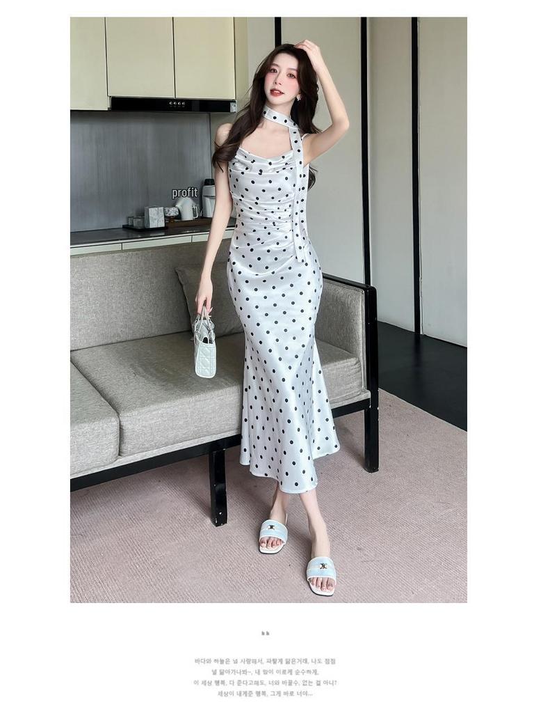 White Polka Dot Bodycon Spaghetti Strap Dress for Women - Summer French Style