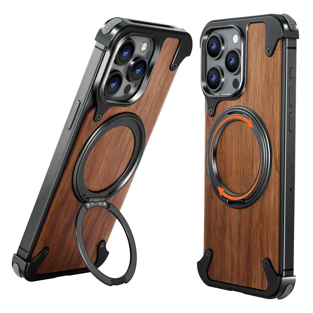 Oatsbasf Solid Wood Magsafe Phone Case for iPhone 14 15 16 Pro Max Shockproof Protective Cover W/ 360° Rotatable Ring Stand