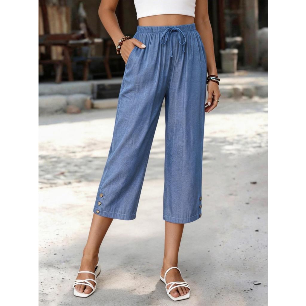 Summer New Arrival Women's Loose Fashion Tencel Denim Casual Cropped Pants 7-inch Length with Pockets European American Style Crossbody