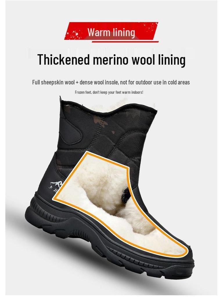 Men's Black High-Top Winter Snow Boots - Thickened, Non-Slip, Warm Cotton, With Zipper