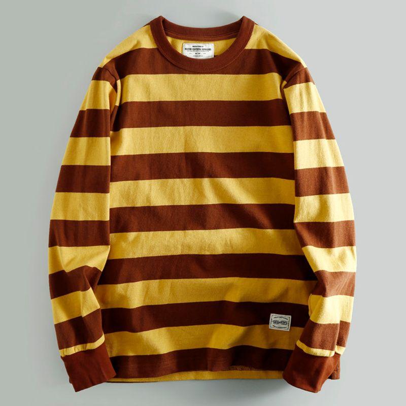 Heavy 280G Double Yarn! European and American Retro Washed Pure Cotton Stripe Long sleeve Loose round Neck Casual Bottoming Shirt Hoodie