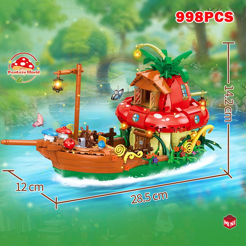Creative Mushroom House Street View Building Blocks City Architecture Forest Cabin Mushroom Boat Mini Bricks Toys Children Gift