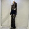 2024 European & American Lace Patchwork Deep V Top & Sheer Flared Pants Women's Set
