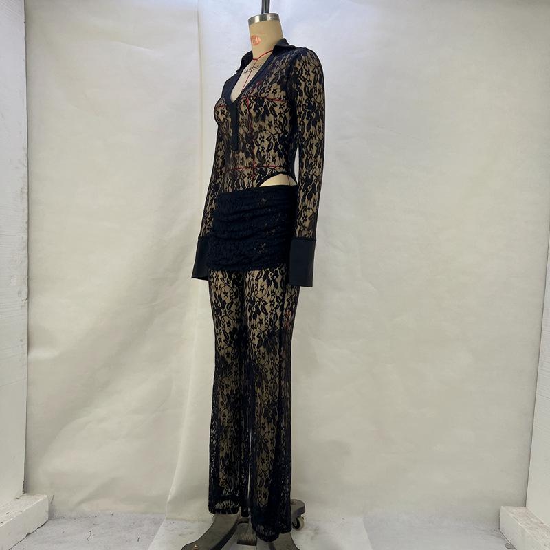 2024 European & American Lace Patchwork Deep V Top & Sheer Flared Pants Women's Set