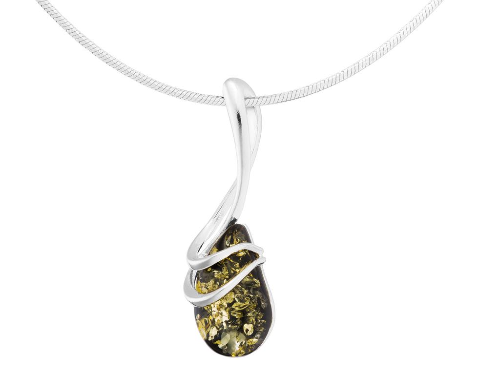 Short Silver Drop Necklace with Green Amber Teardrop Amber 42
