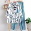 Conjunto de Dos Piezas a Rayas para Mujer Camisa Blusa de Manga Larga con Solapa y Botones y Pantalón Traje Deportivo Casual de Verano