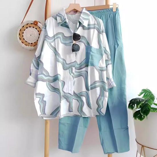 Conjunto de Dos Piezas a Rayas para Mujer Camisa Blusa de Manga Larga con Solapa y Botones y Pantalón Traje Deportivo Casual de Verano