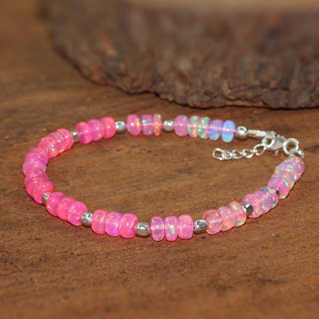 Pink Ethiopian Opal Bracelet, 18K Gold Filled, Dainty Beaded Jewelry