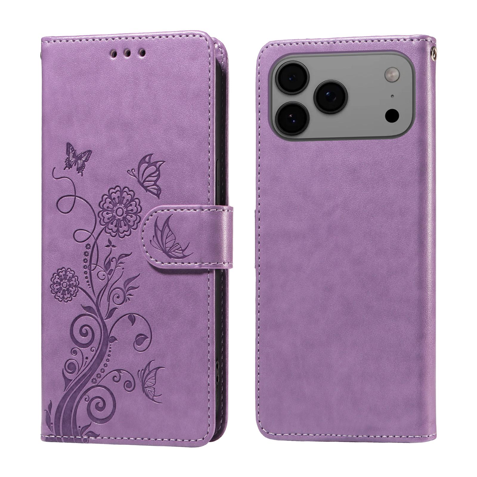 

For iPhone 17 Pro Max Leather Case Butterfly Floral Imprint Wallet Stand Cover Purple