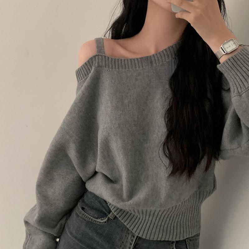 

Winter Solid Vintage Knitted Pullovers Women Sexy Off Shoulder Sweaters Fashion Y2k Tops Female Korean Fashion Casual Chic Clothes 2026 M сірий