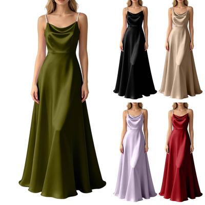Sleeveless Satin Long Dress with Beaded Spaghetti Straps Floor Length Slim Fit Evening Gown Elegant Formal Occasion Dress