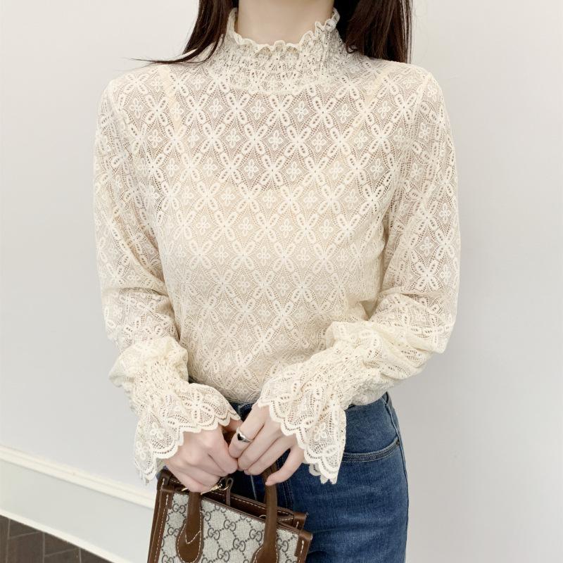 Autumn/winter Women's Semi-high Neck with Velvet Lace Base Slim-fit Long-sleeved Shirt