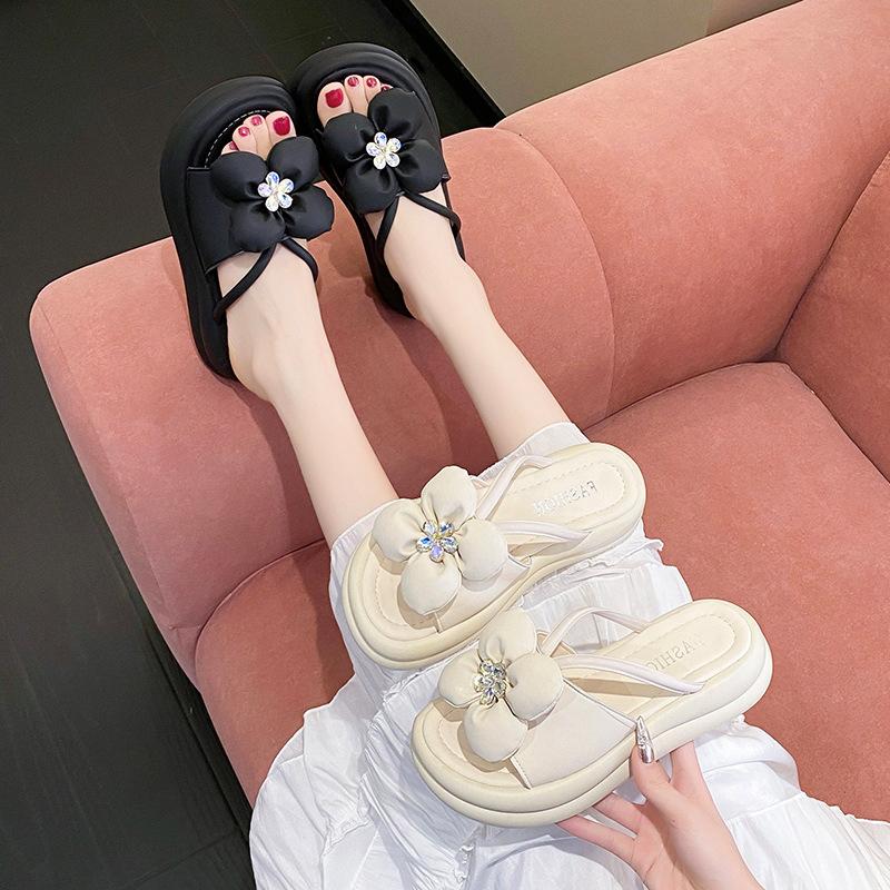 Summer New French Drag 2025 Spring Thick-bottomed French Bow Fashion Non-slip One-word Drag Women's Summer Outer Slippers