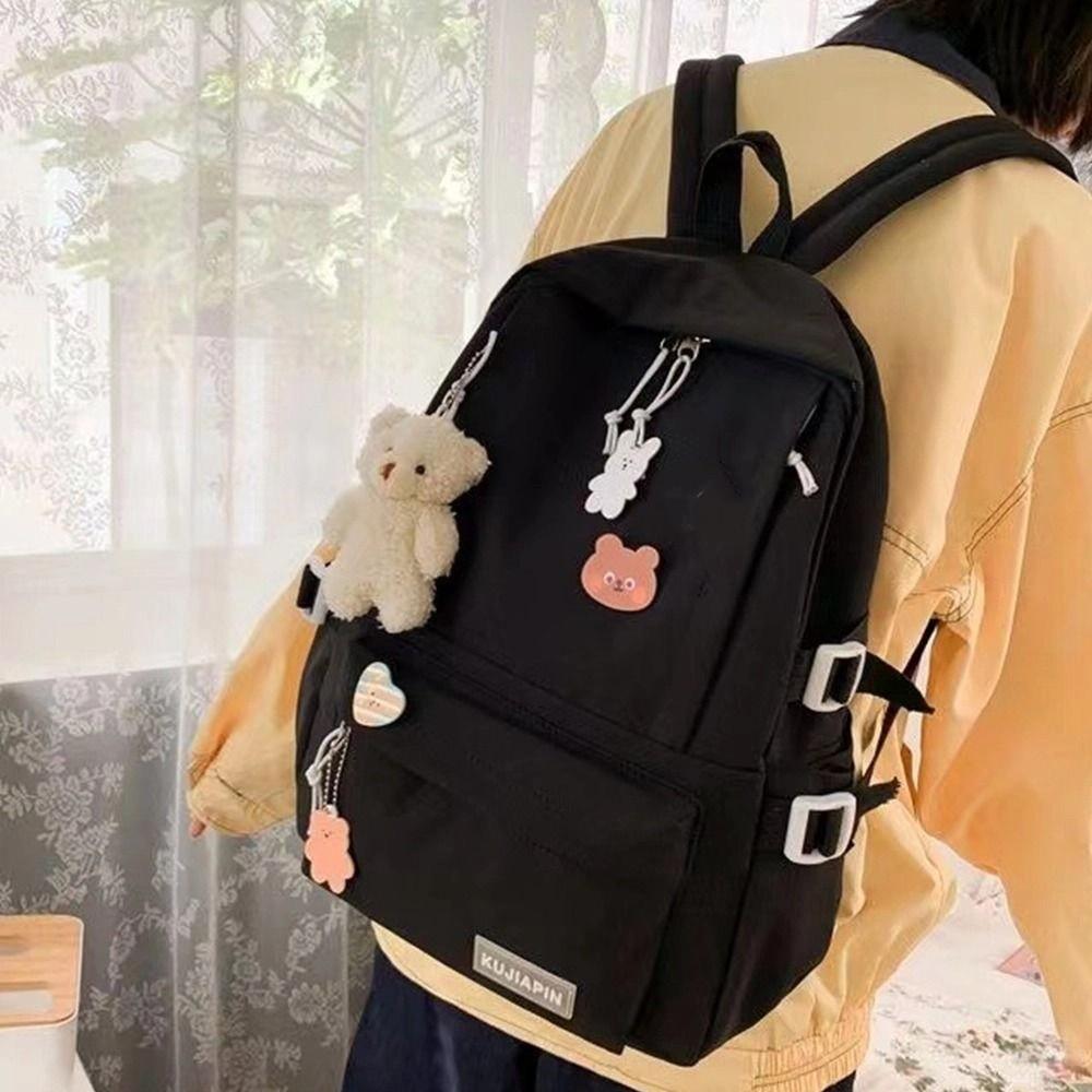 Large Capacity Solid Color Backpack Bear Pendant Shoulder Bag Cute Students School Bag  Travel